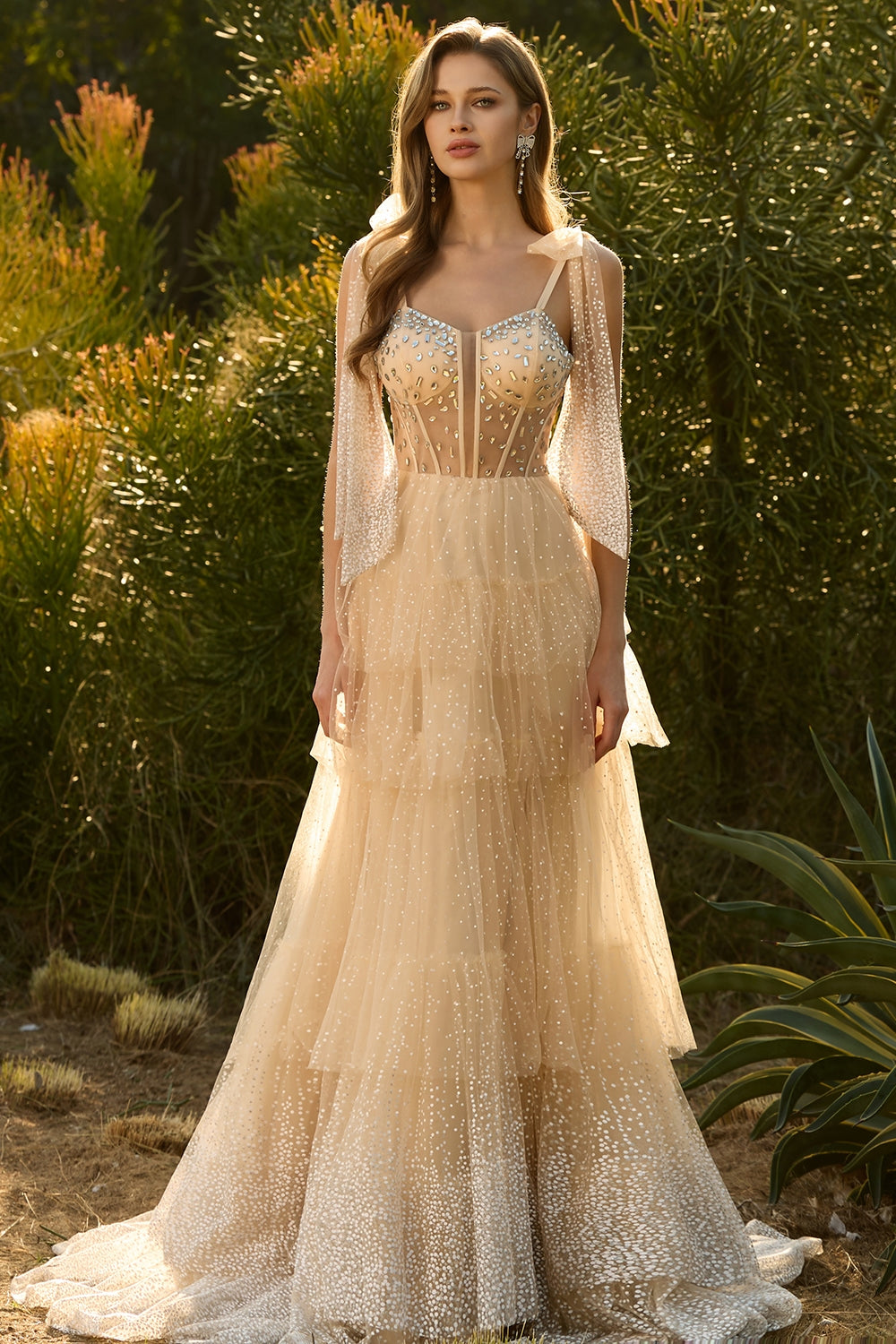 Sparkly Champagne Corset A Line Ruffled Prom Dress - Image 1