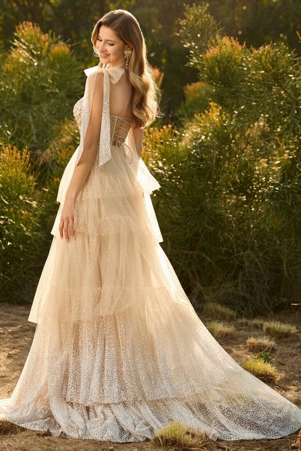 Sparkly Champagne Corset A Line Ruffled Prom Dress - Image 2