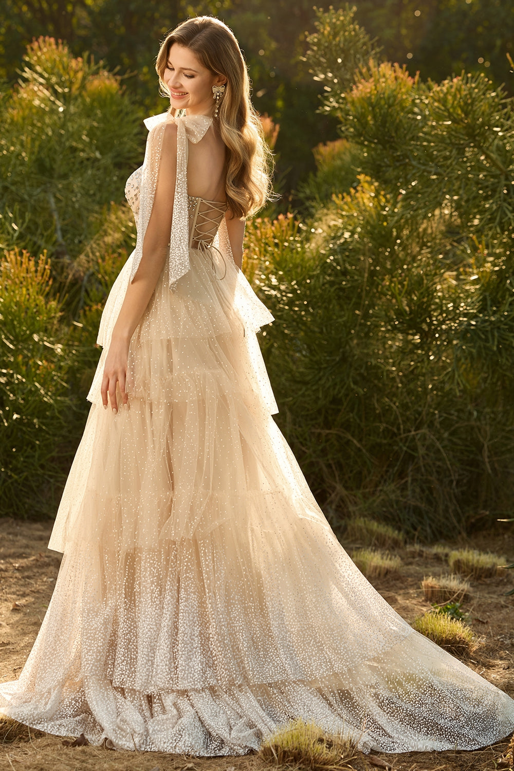 Sparkly Champagne Corset A Line Ruffled Prom Dress - Image 2