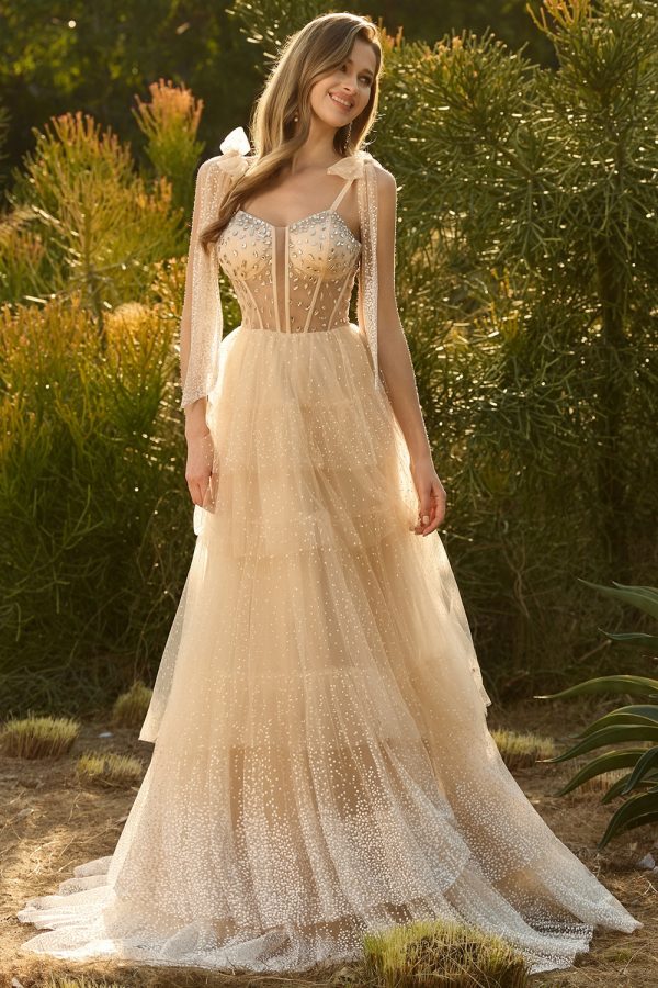 Sparkly Champagne Corset A Line Ruffled Prom Dress - Image 4