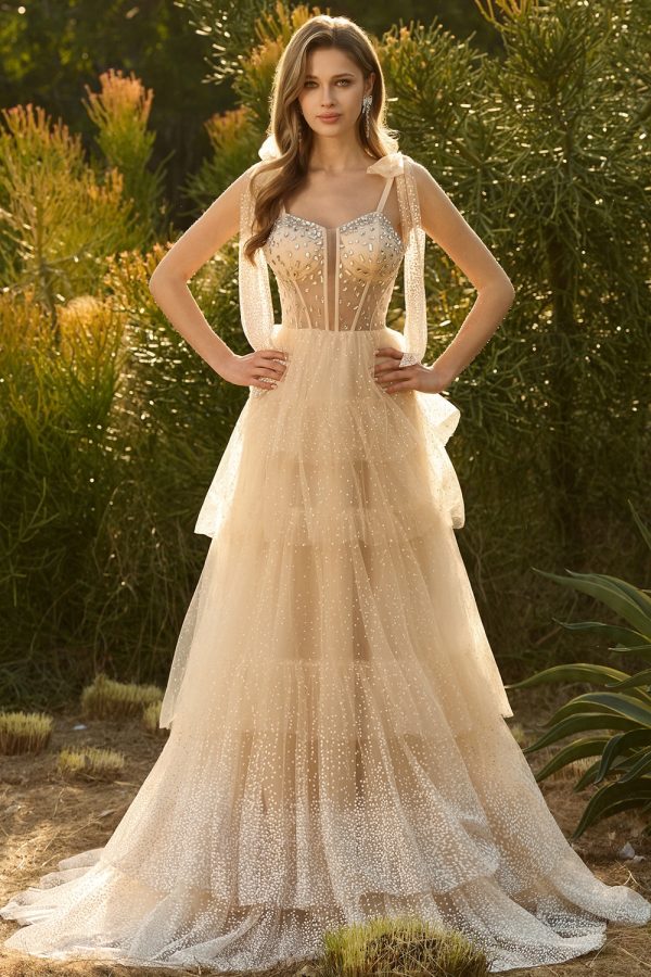 Sparkly Champagne Corset A Line Ruffled Prom Dress - Image 5