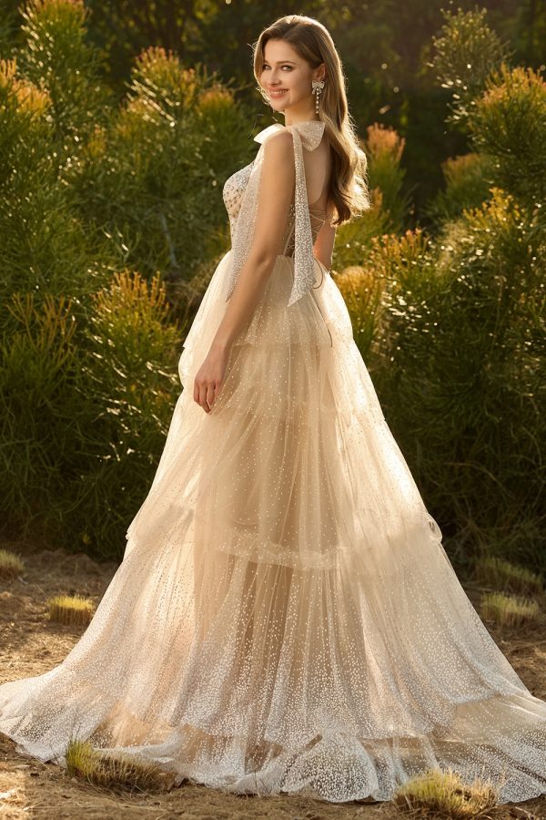 Sparkly Champagne Corset A Line Ruffled Prom Dress - Image 3