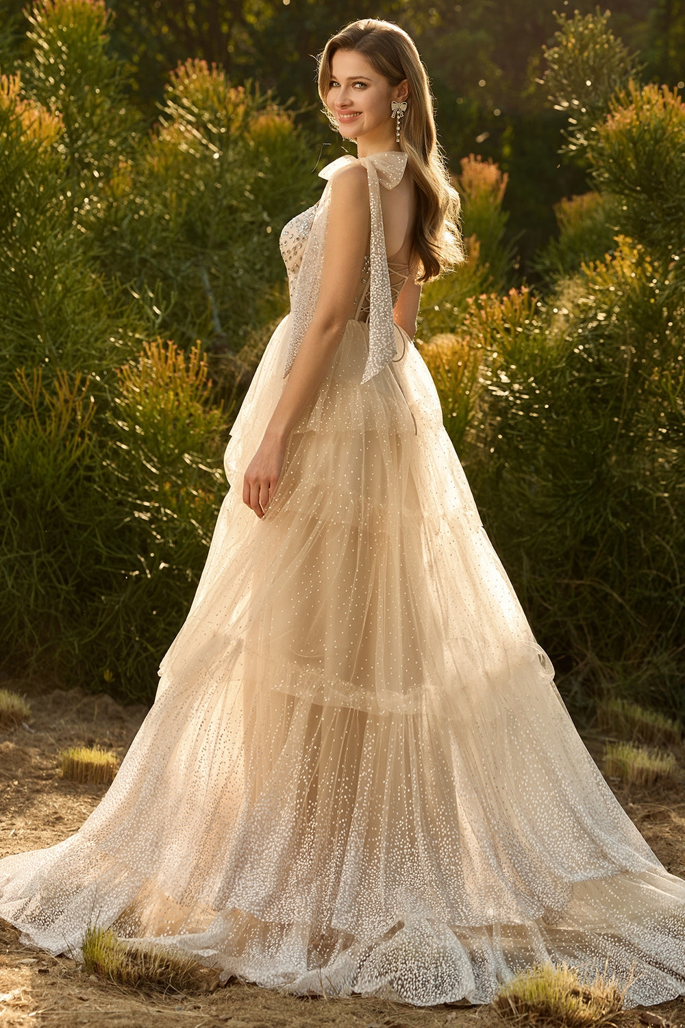 Sparkly Champagne Corset A Line Ruffled Prom Dress - Image 3