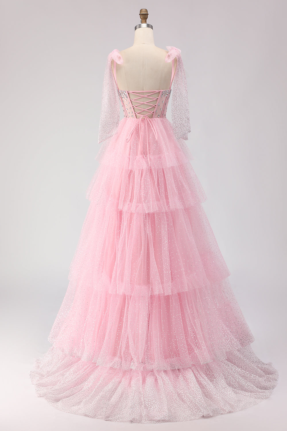 Sparkly Champagne Corset A Line Ruffled Prom Dress - Image 16