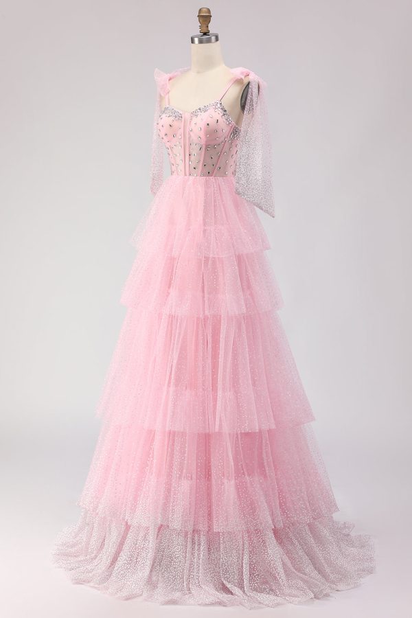 Sparkly Champagne Corset A Line Ruffled Prom Dress - Image 15