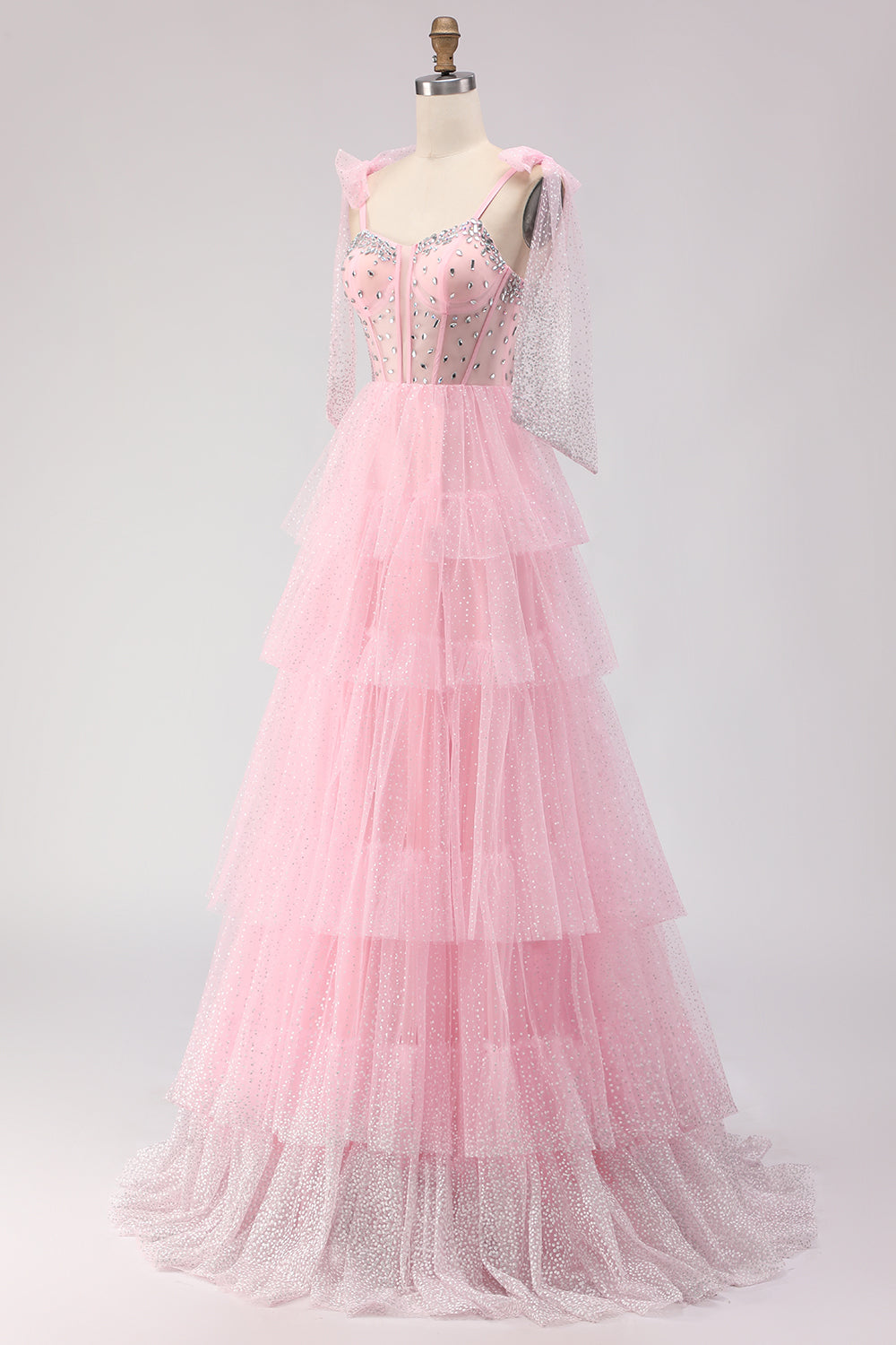 Sparkly Champagne Corset A Line Ruffled Prom Dress - Image 15