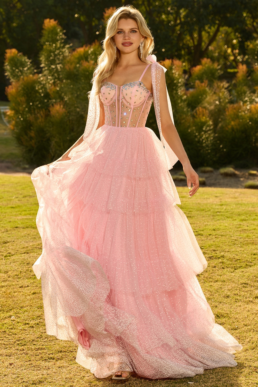 Sparkly Champagne Corset A Line Ruffled Prom Dress - Image 12