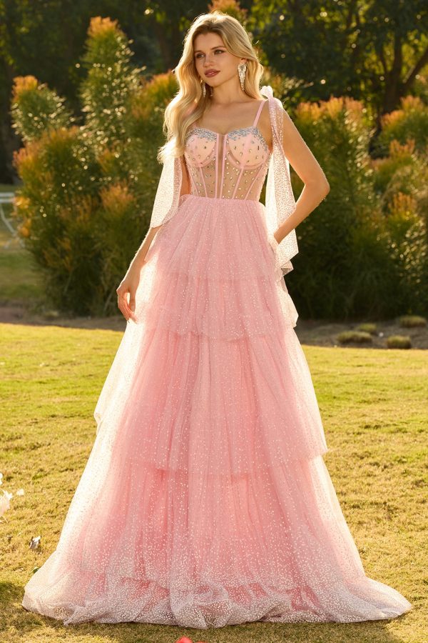 Sparkly Champagne Corset A Line Ruffled Prom Dress - Image 13