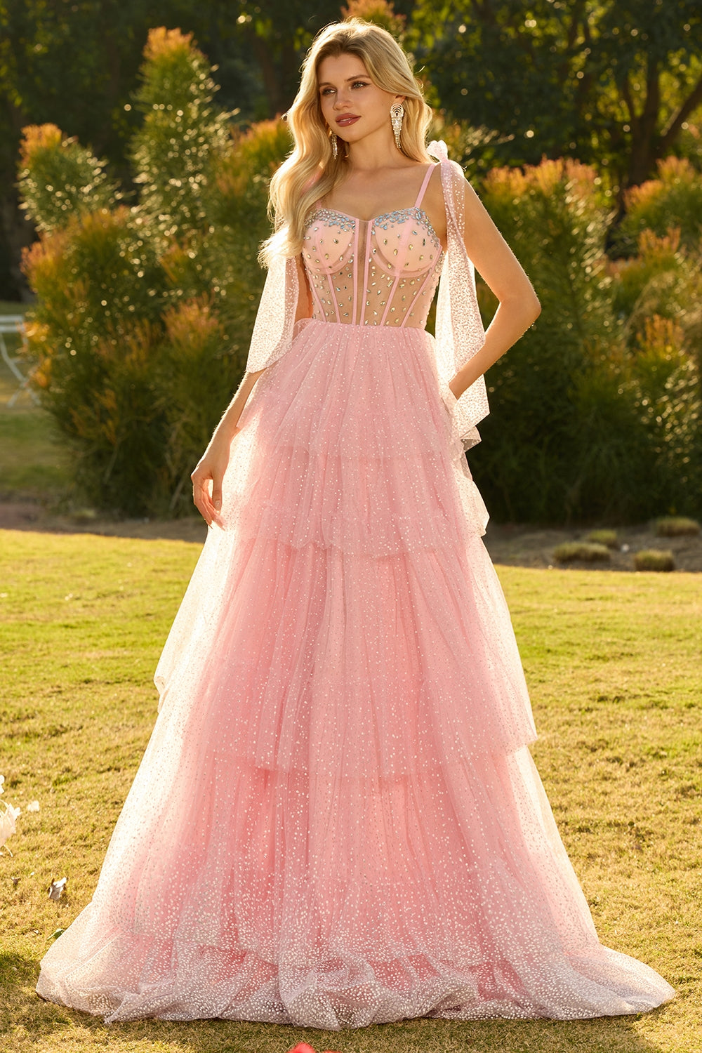Sparkly Champagne Corset A Line Ruffled Prom Dress - Image 13
