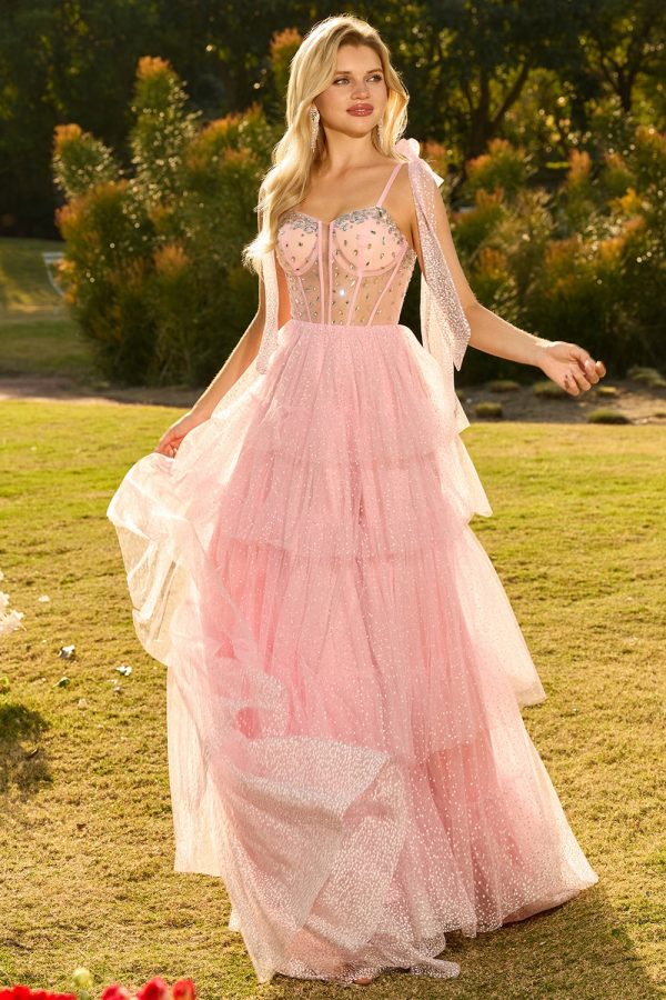 Sparkly Champagne Corset A Line Ruffled Prom Dress - Image 11