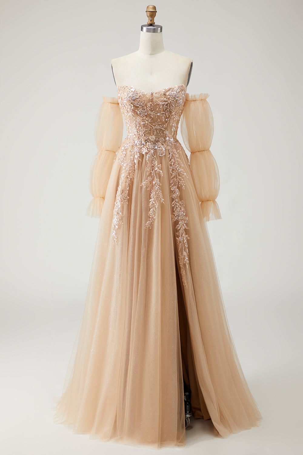Sparkly Champagne Strapless Appliqued Prom Dress With Removable Sleeves - Image 1