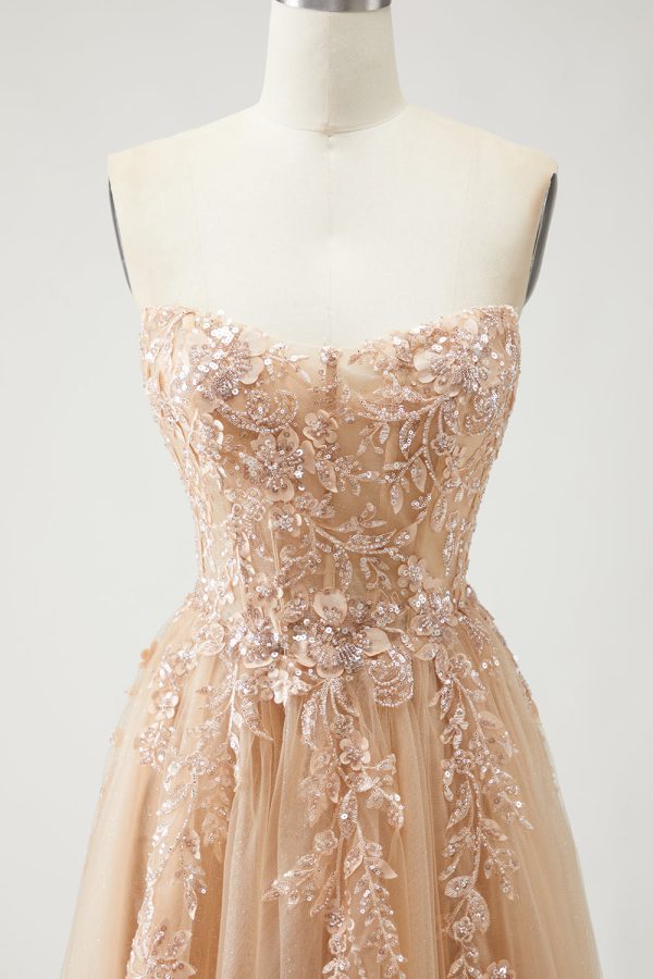 Sparkly Champagne Strapless Appliqued Prom Dress With Removable Sleeves - Image 10