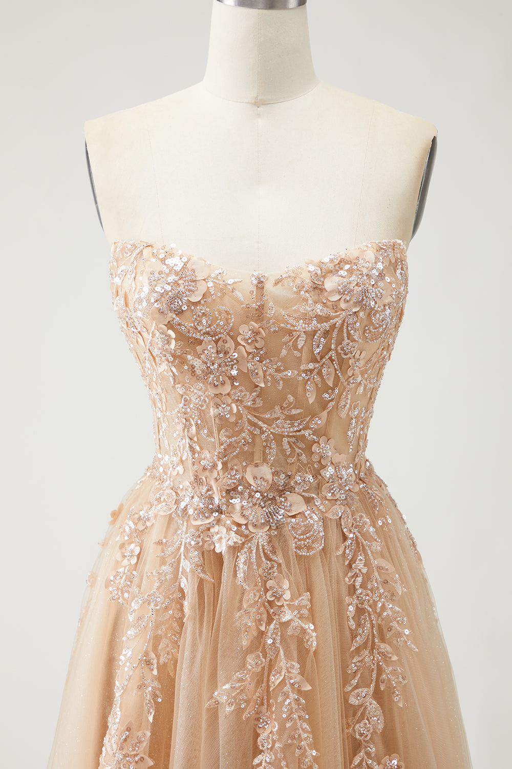 Sparkly Champagne Strapless Appliqued Prom Dress With Removable Sleeves - Image 10
