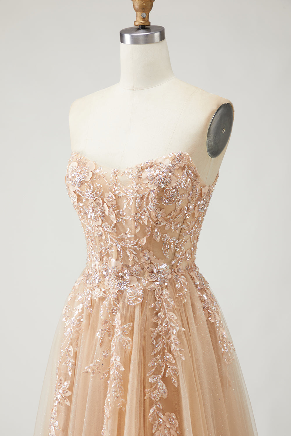 Sparkly Champagne Strapless Appliqued Prom Dress With Removable Sleeves - Image 12