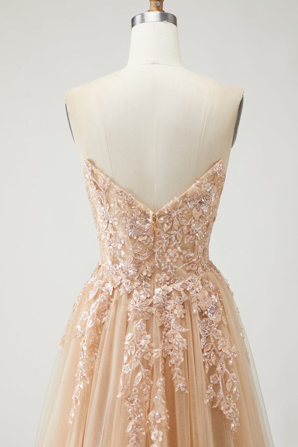 Sparkly Champagne Strapless Appliqued Prom Dress With Removable Sleeves - Image 11