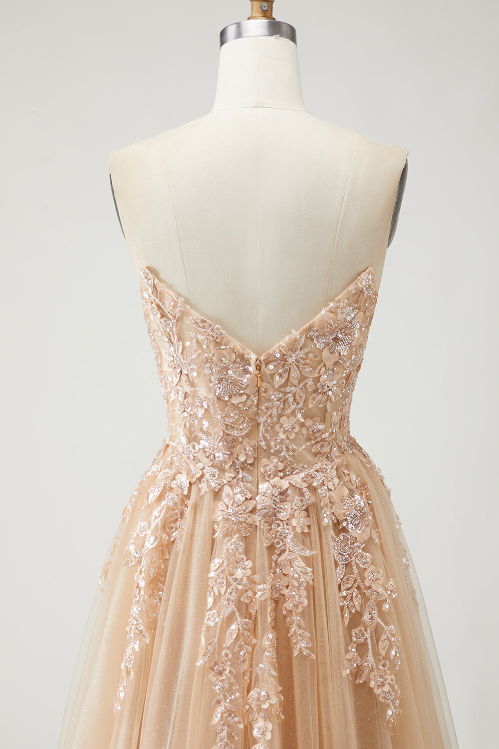 Sparkly Champagne Strapless Appliqued Prom Dress With Removable Sleeves - Image 11