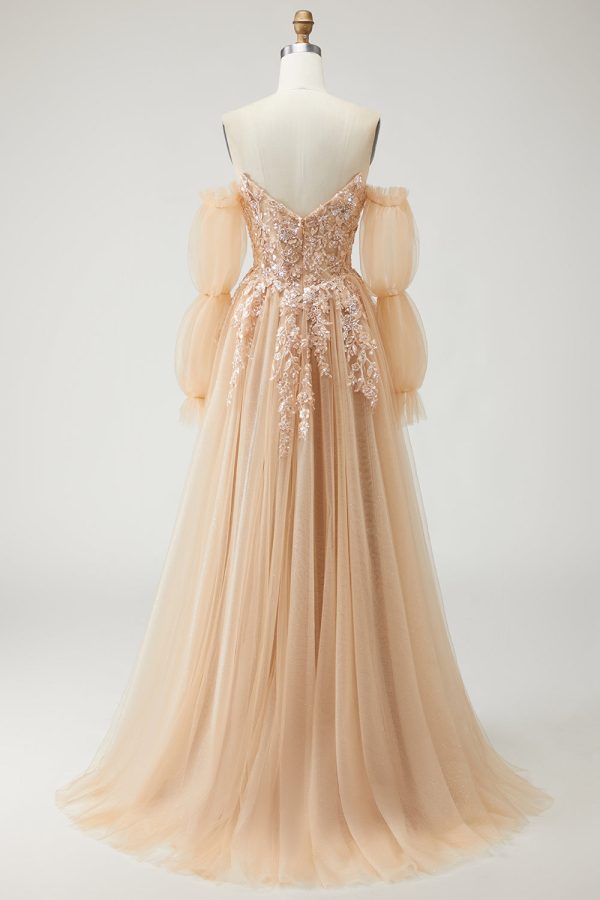 Sparkly Champagne Strapless Appliqued Prom Dress With Removable Sleeves - Image 2