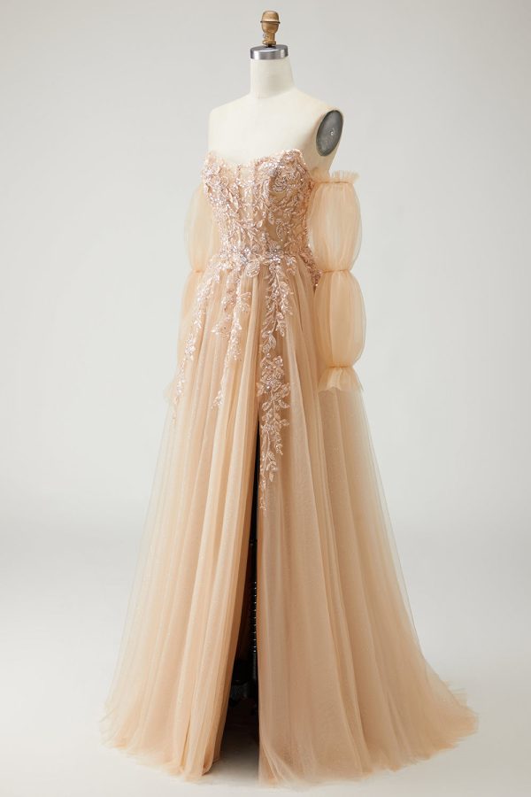 Sparkly Champagne Strapless Appliqued Prom Dress With Removable Sleeves - Image 3