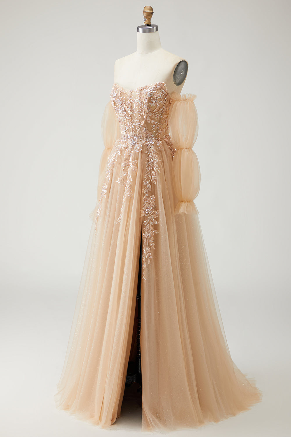 Sparkly Champagne Strapless Appliqued Prom Dress With Removable Sleeves - Image 3