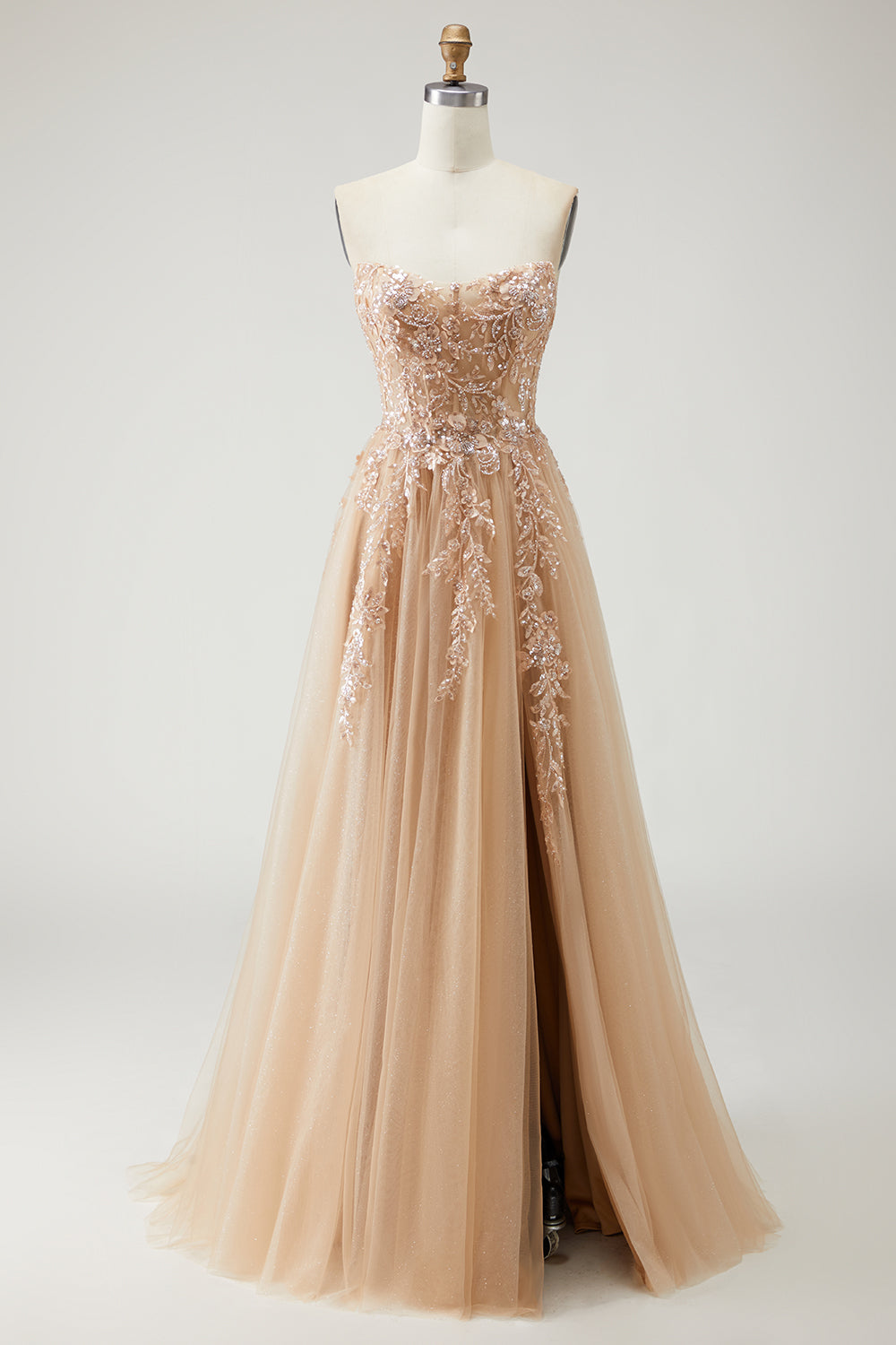 Sparkly Champagne Strapless Appliqued Prom Dress With Removable Sleeves - Image 4