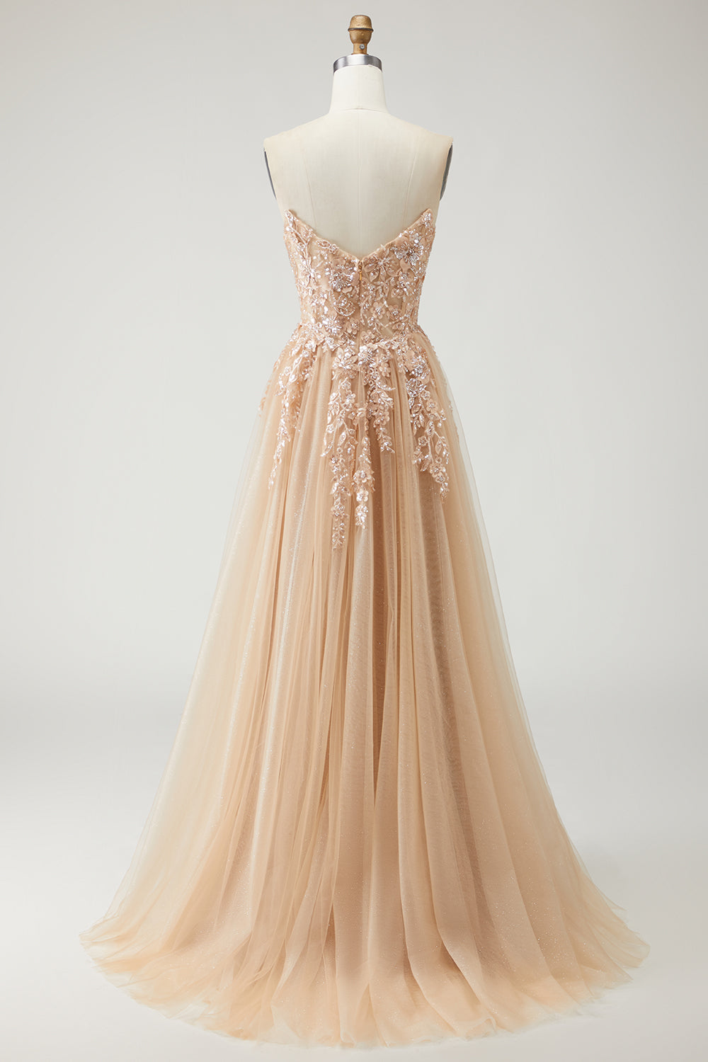 Sparkly Champagne Strapless Appliqued Prom Dress With Removable Sleeves - Image 5