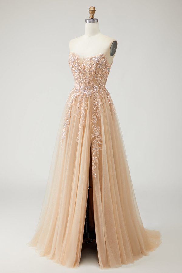 Sparkly Champagne Strapless Appliqued Prom Dress With Removable Sleeves - Image 6