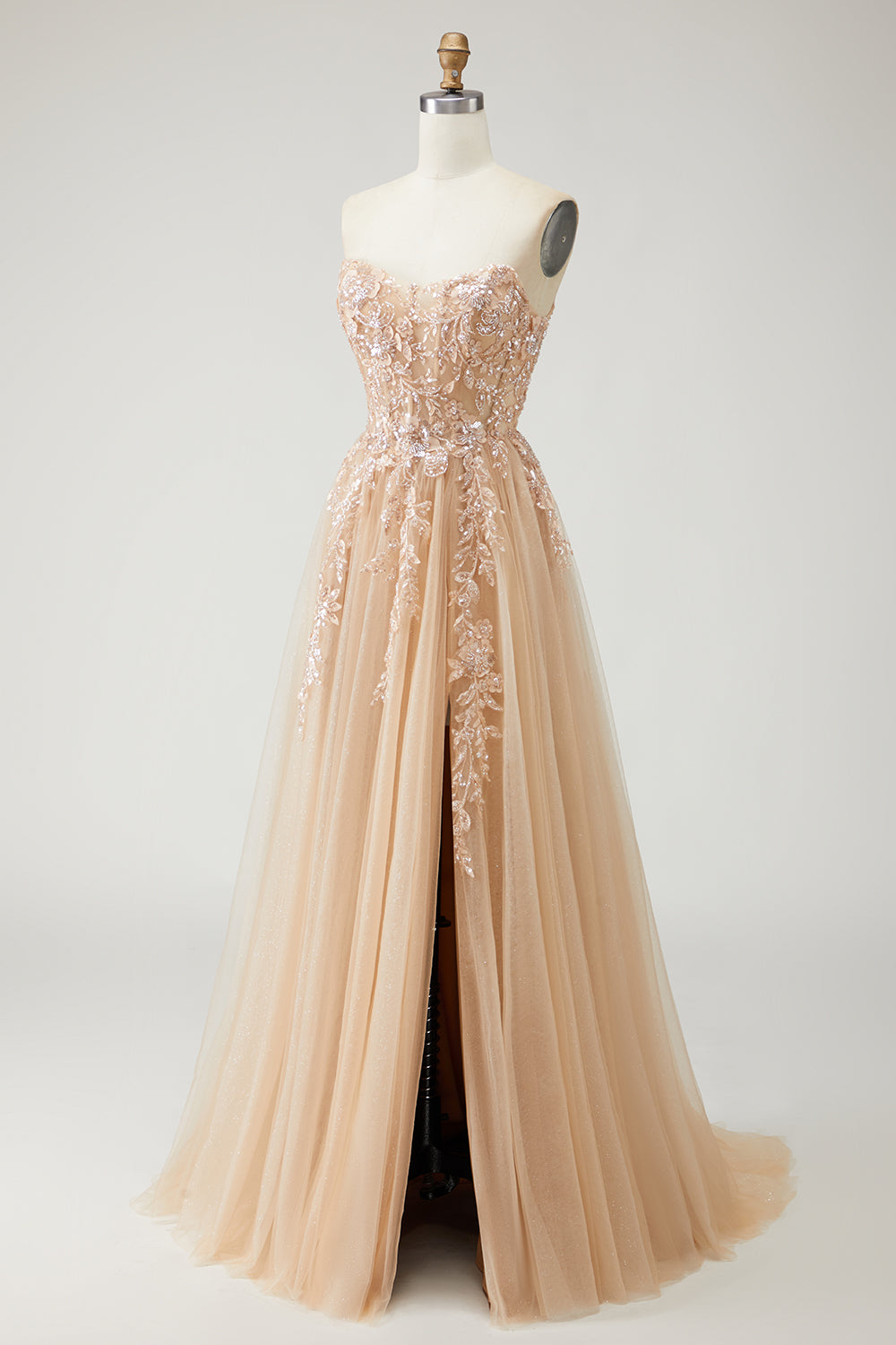 Sparkly Champagne Strapless Appliqued Prom Dress With Removable Sleeves - Image 6
