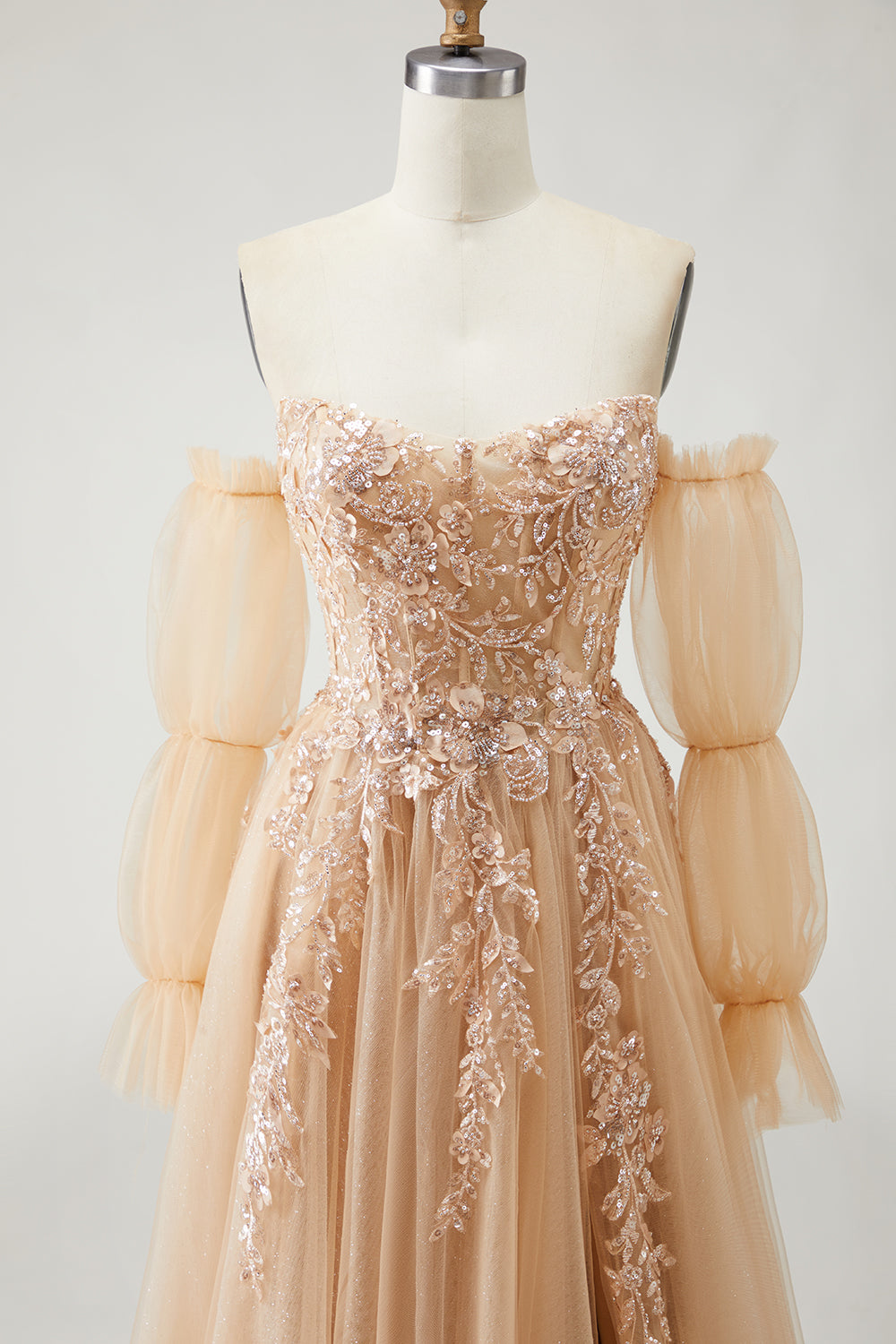 Sparkly Champagne Strapless Appliqued Prom Dress With Removable Sleeves - Image 7