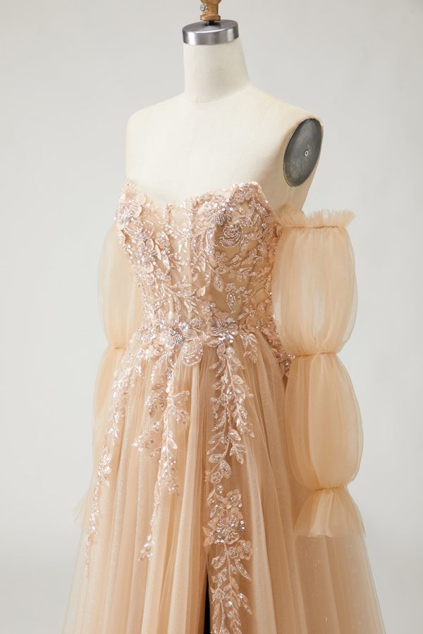 Sparkly Champagne Strapless Appliqued Prom Dress With Removable Sleeves - Image 9