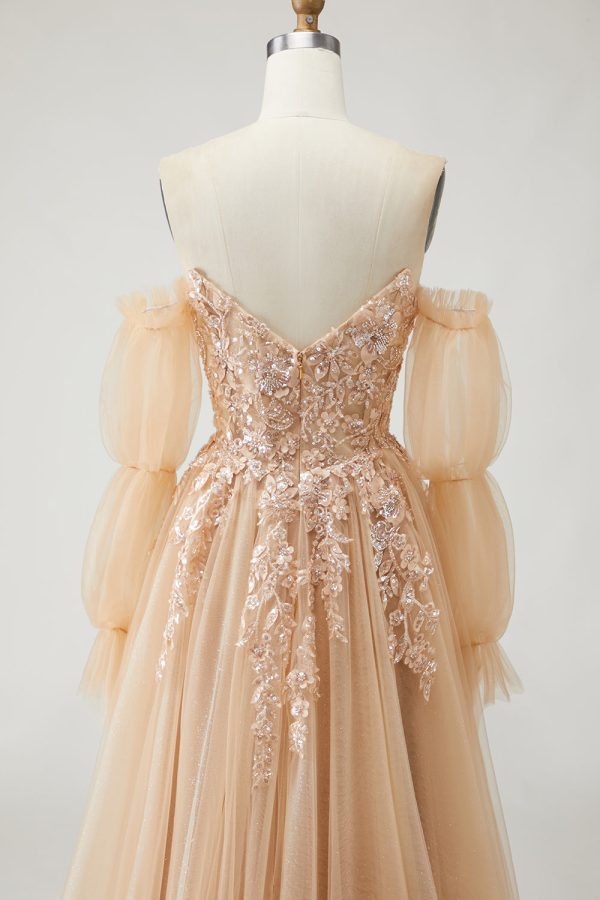 Sparkly Champagne Strapless Appliqued Prom Dress With Removable Sleeves - Image 8