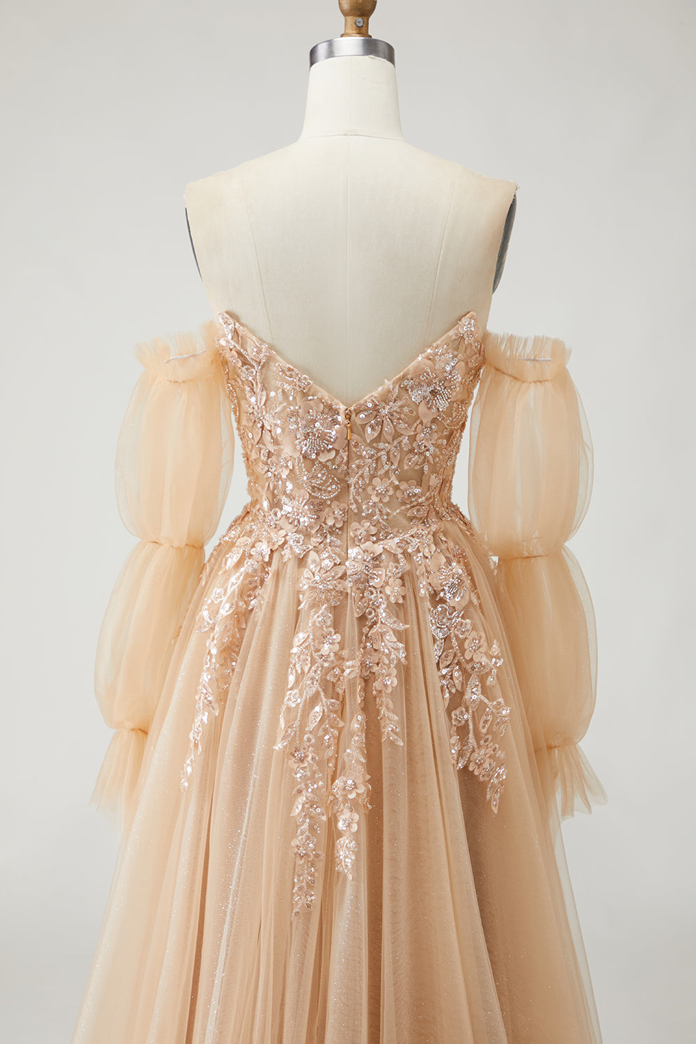 Sparkly Champagne Strapless Appliqued Prom Dress With Removable Sleeves - Image 8