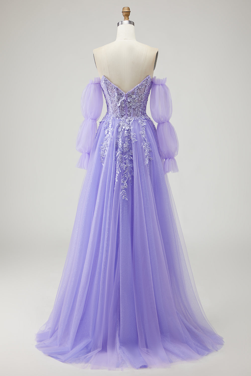 Sparkly Champagne Strapless Appliqued Prom Dress With Removable Sleeves - Image 14