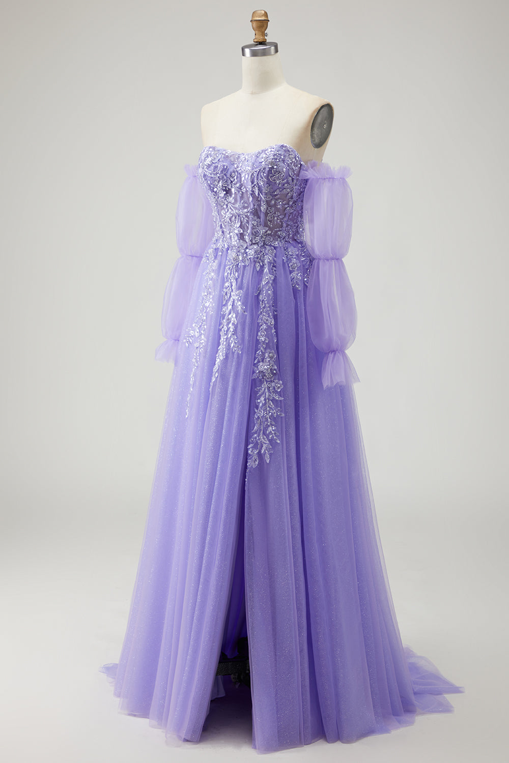 Sparkly Champagne Strapless Appliqued Prom Dress With Removable Sleeves - Image 15
