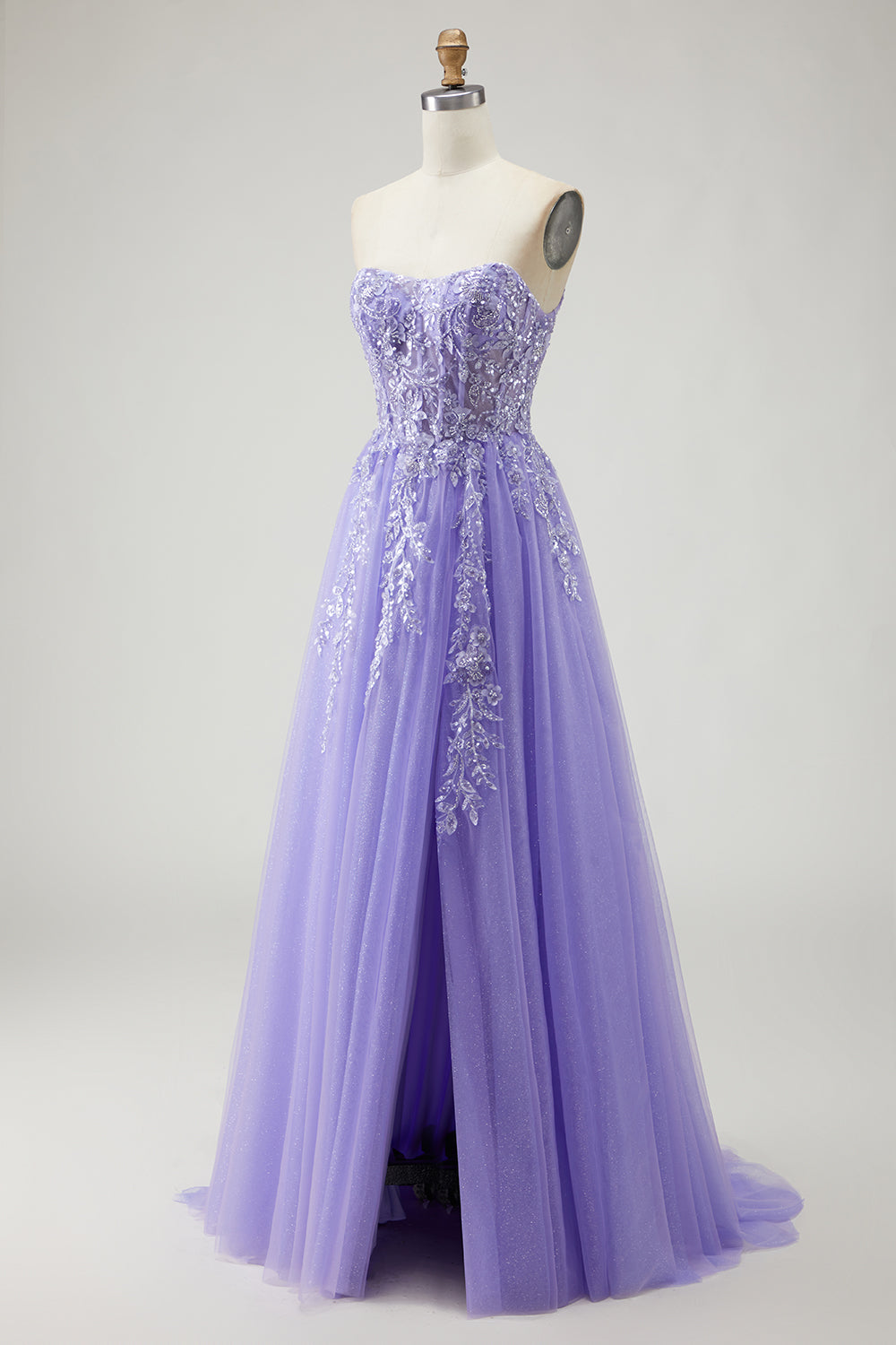 Sparkly Champagne Strapless Appliqued Prom Dress With Removable Sleeves - Image 18