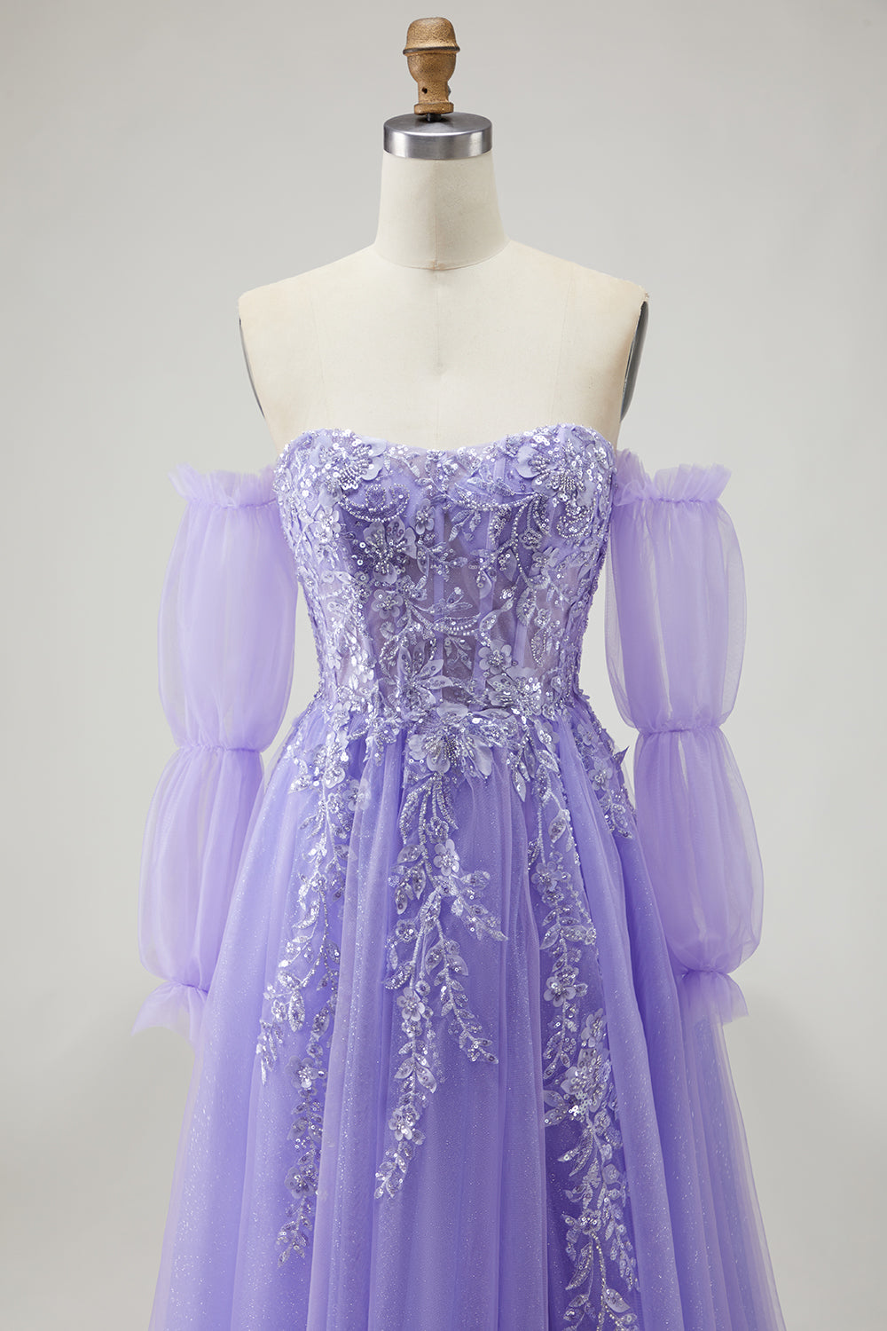 Sparkly Champagne Strapless Appliqued Prom Dress With Removable Sleeves - Image 19