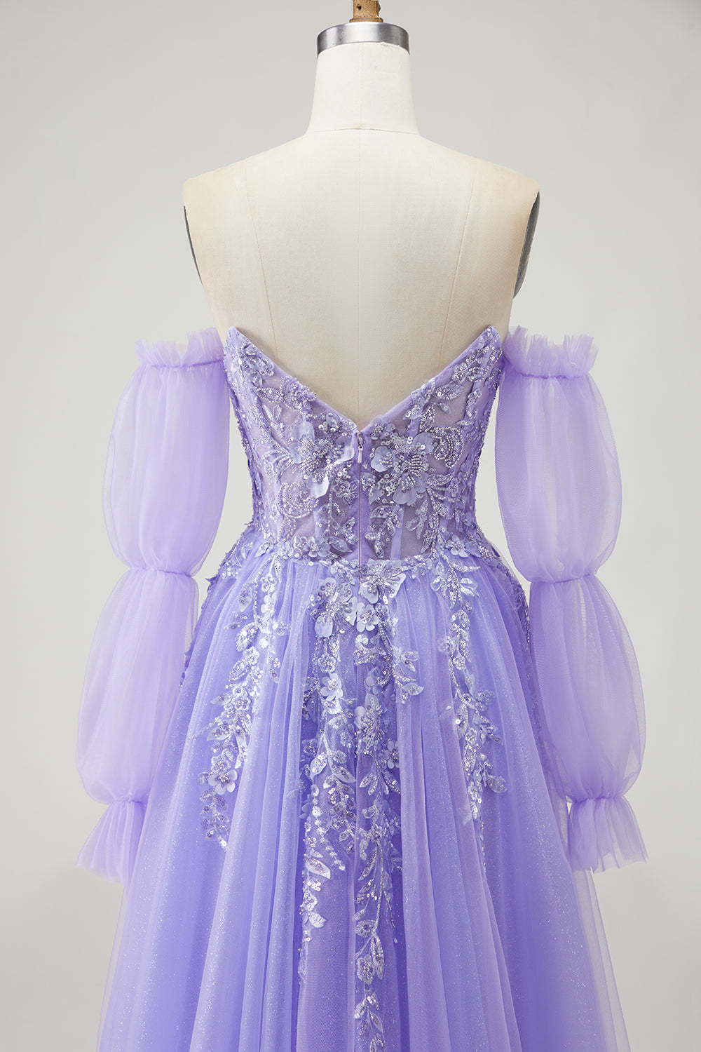 Sparkly Champagne Strapless Appliqued Prom Dress With Removable Sleeves - Image 20