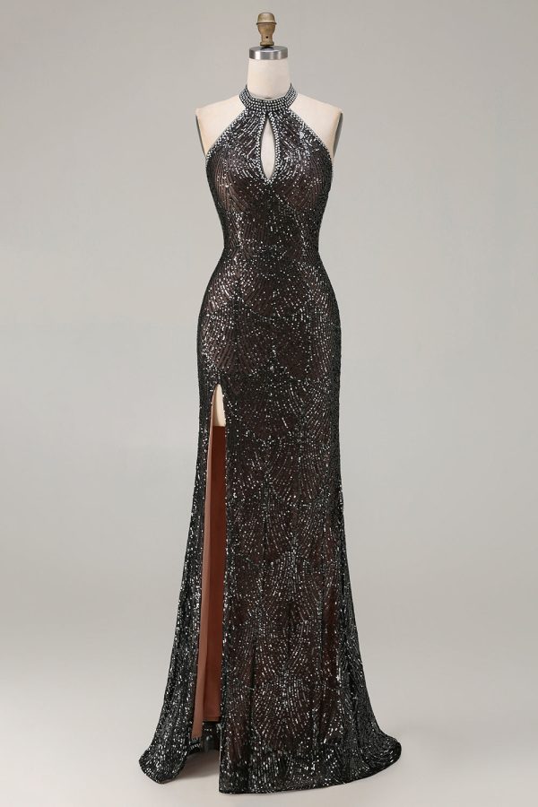 Sparkly Champagne Halter Mermaid Cut Out Prom Dress - Image 9