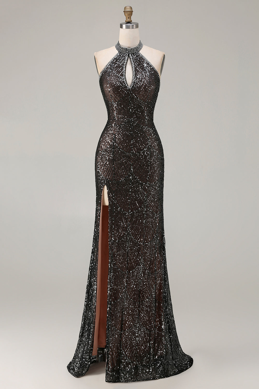 Sparkly Champagne Halter Mermaid Cut Out Prom Dress - Image 9