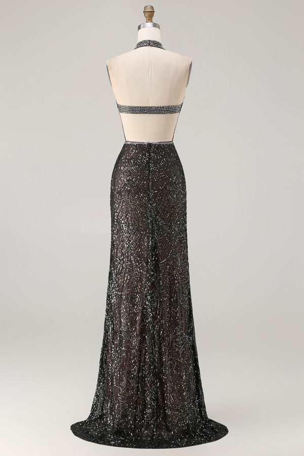 Sparkly Champagne Halter Mermaid Cut Out Prom Dress - Image 10