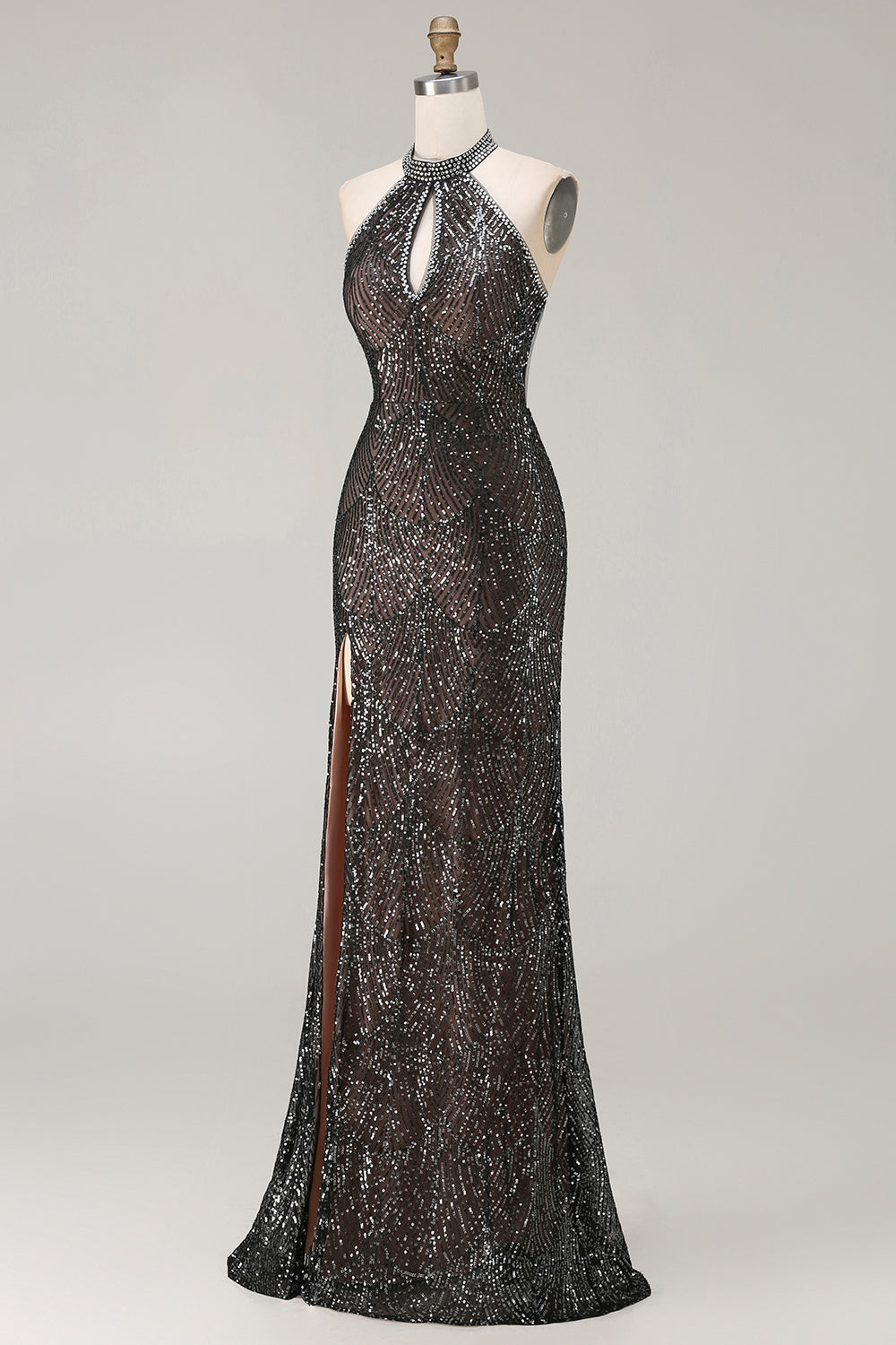 Sparkly Champagne Halter Mermaid Cut Out Prom Dress - Image 11