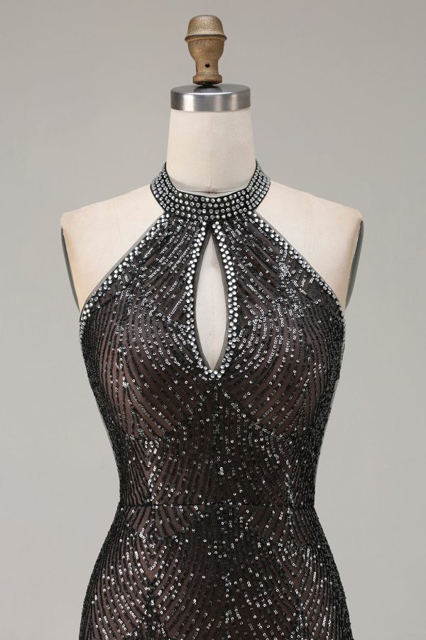 Sparkly Champagne Halter Mermaid Cut Out Prom Dress - Image 12