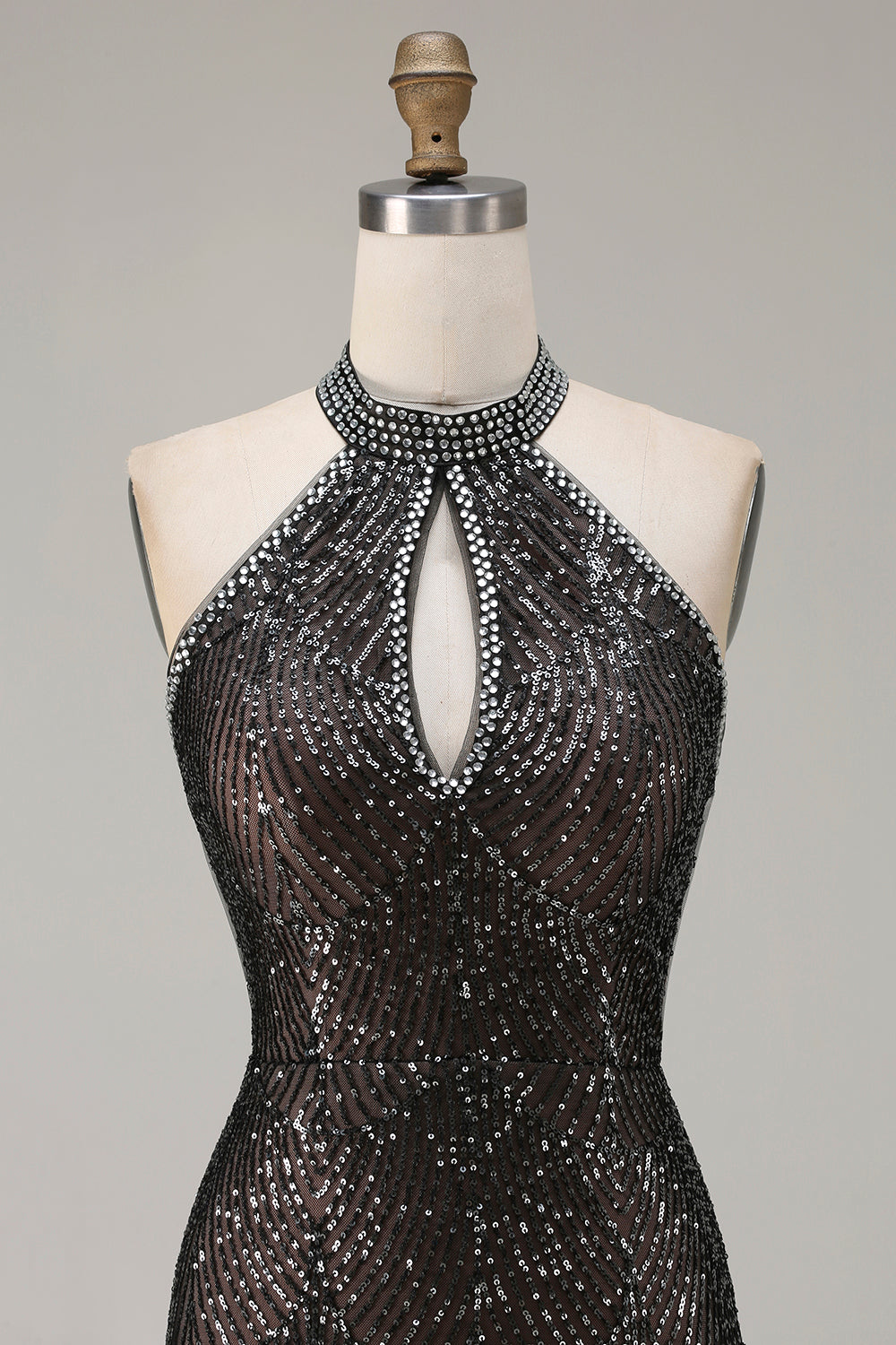 Sparkly Champagne Halter Mermaid Cut Out Prom Dress - Image 12