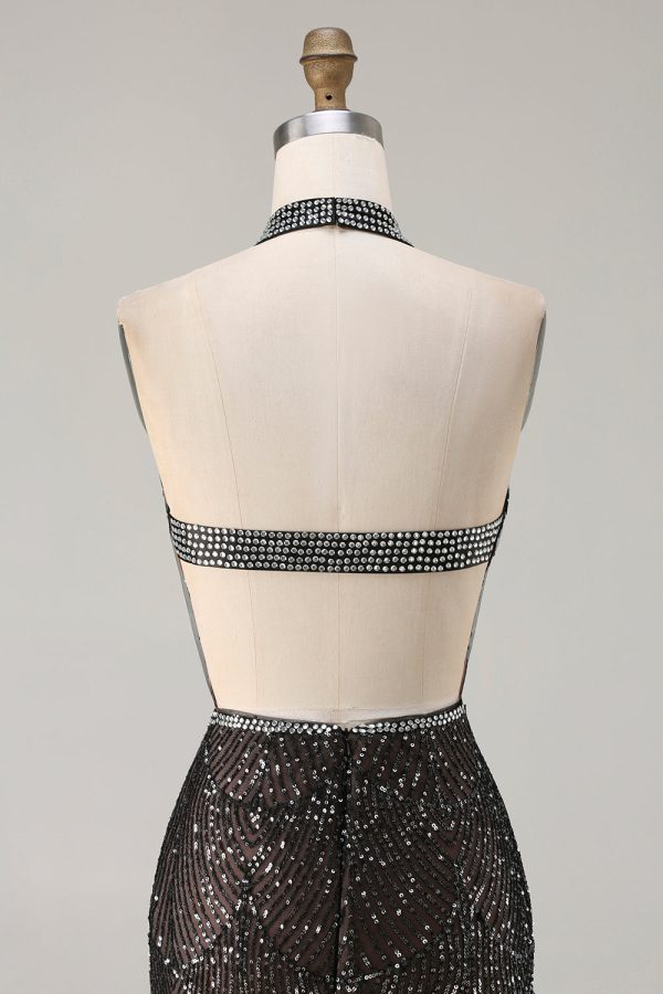 Sparkly Champagne Halter Mermaid Cut Out Prom Dress - Image 13