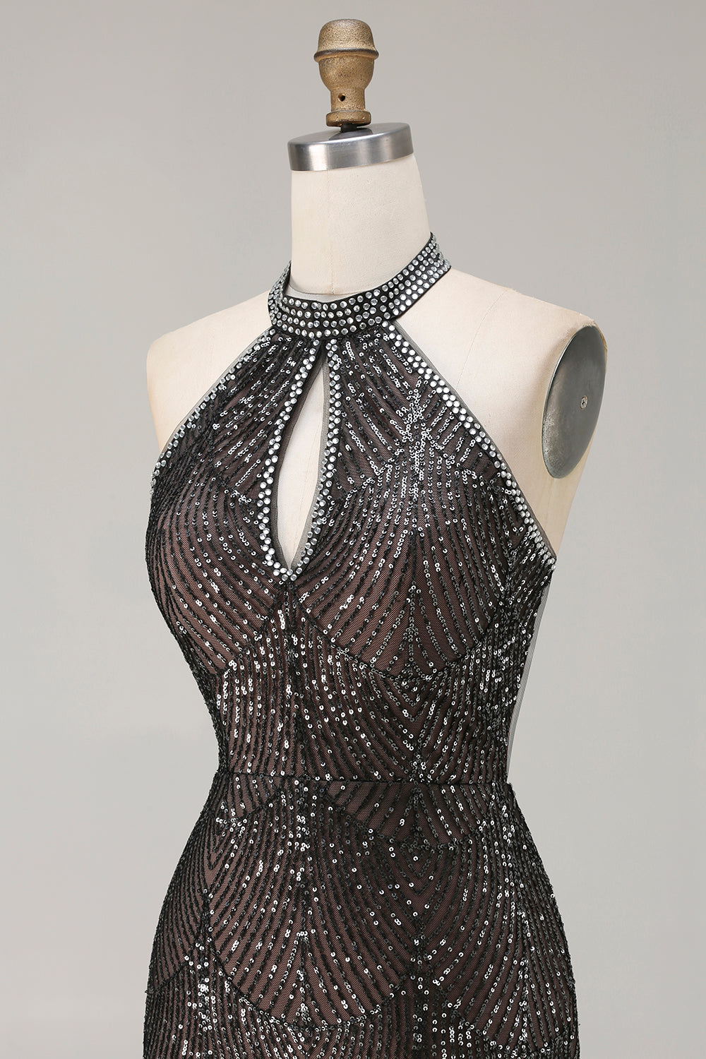 Sparkly Champagne Halter Mermaid Cut Out Prom Dress - Image 14
