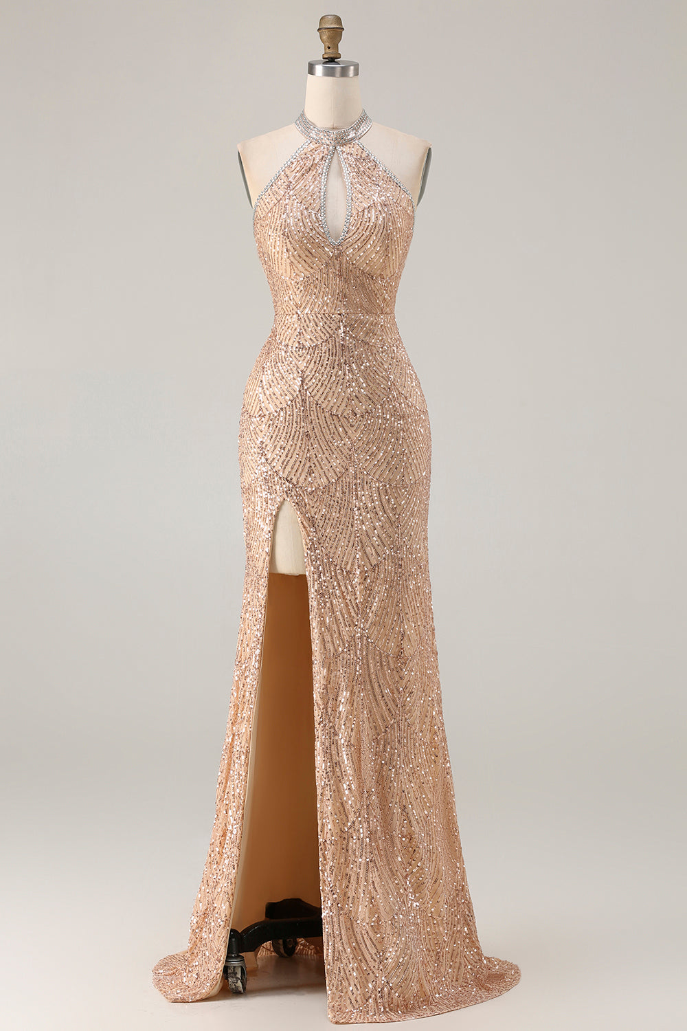 Sparkly Champagne Halter Mermaid Cut Out Prom Dress - Image 7