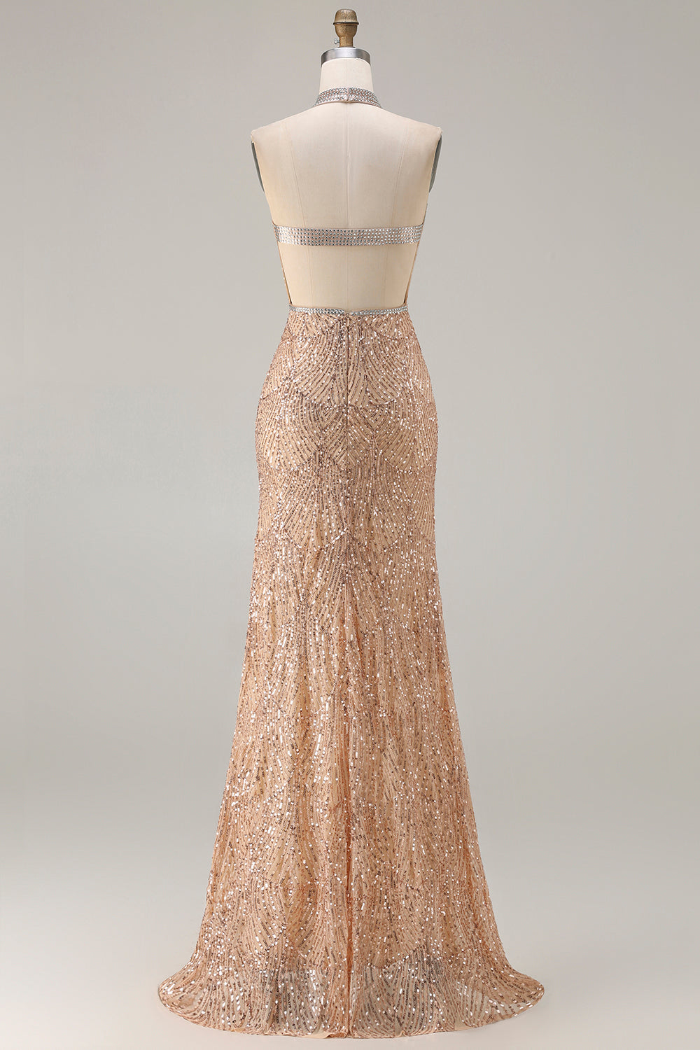 Sparkly Champagne Halter Mermaid Cut Out Prom Dress - Image 8