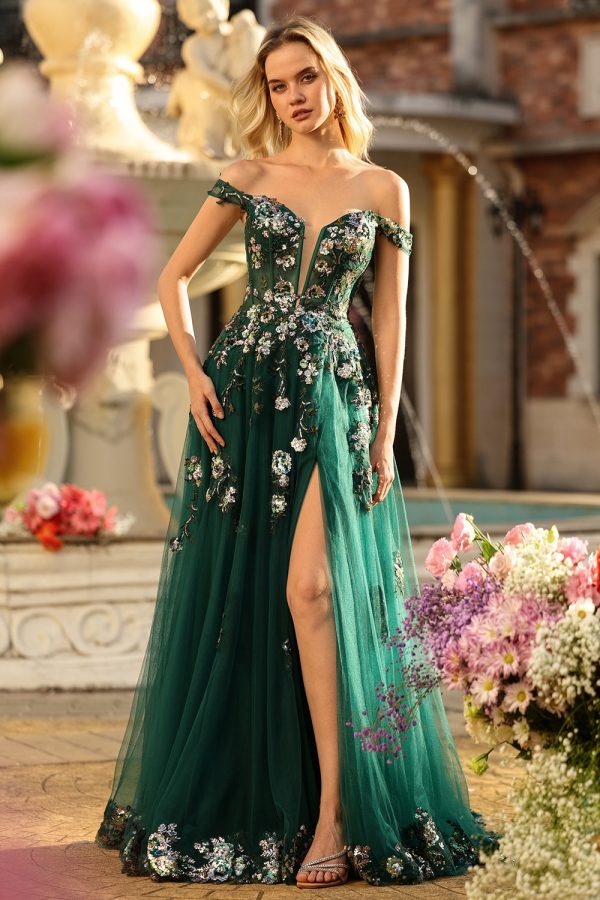 Sparkly Dark Green Off The Shoulder A Line Prom Dress - Image 3