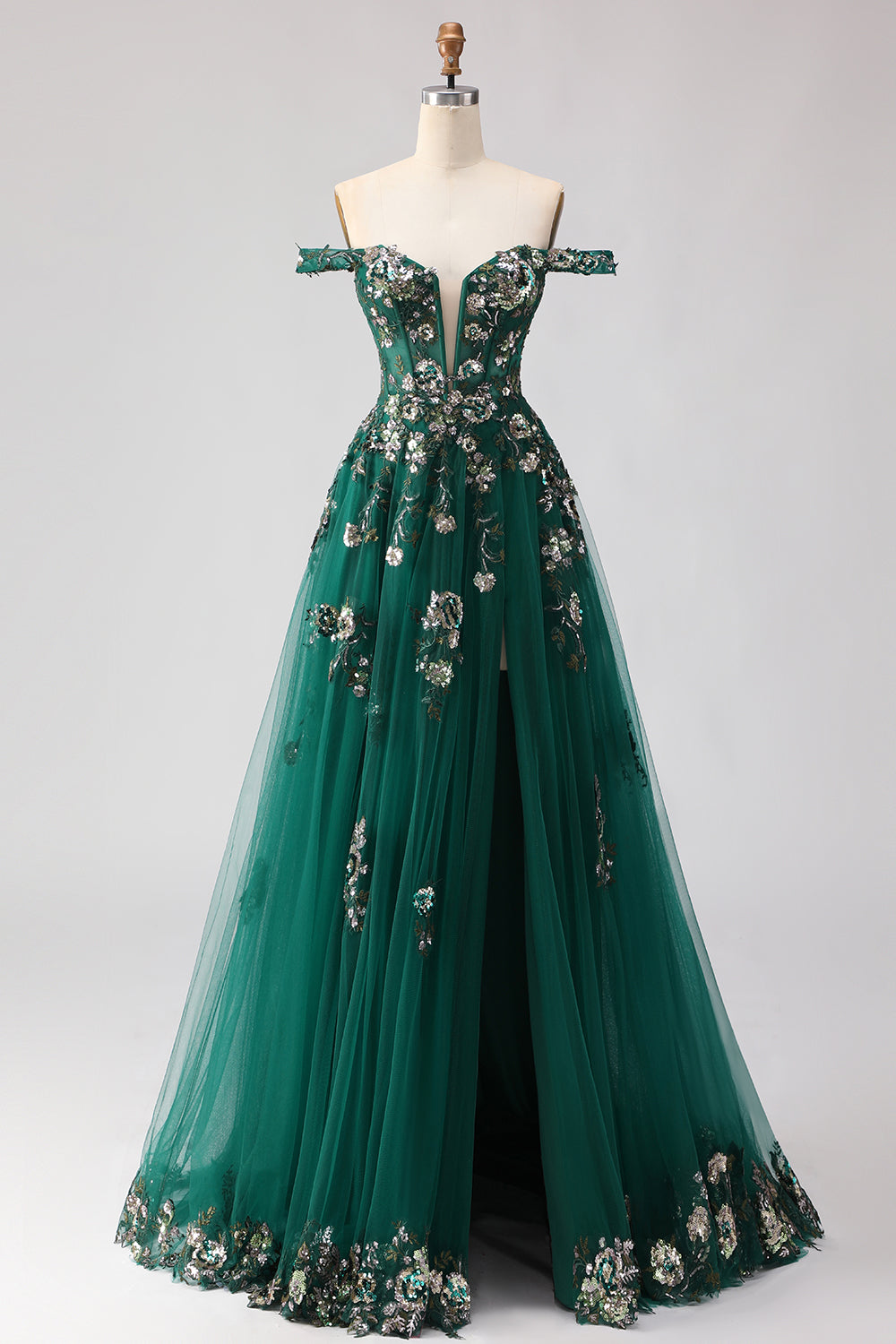Sparkly Dark Green Off The Shoulder A Line Prom Dress - Image 1