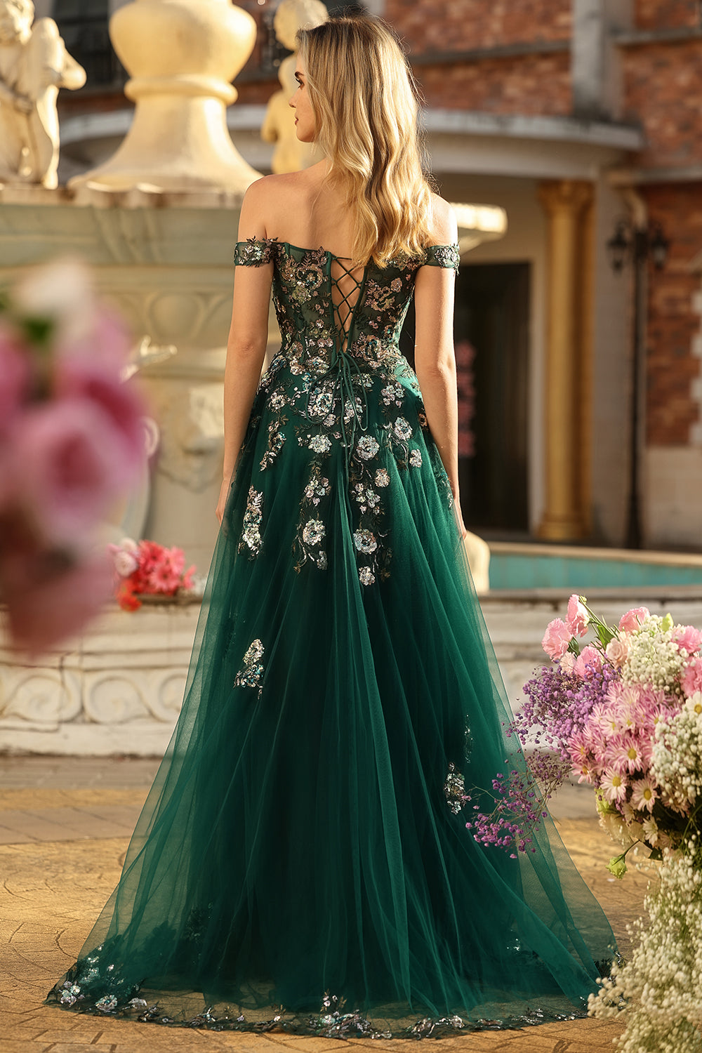 Sparkly Dark Green Off The Shoulder A Line Prom Dress - Image 4