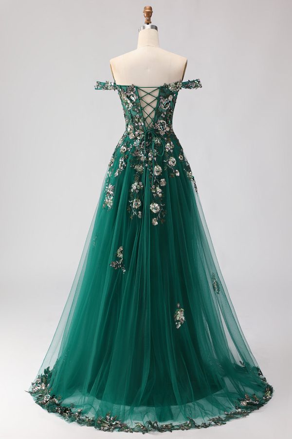 Sparkly Dark Green Off The Shoulder A Line Prom Dress - Image 2